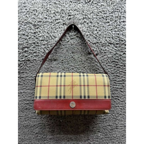 Vintage Burberry London Haymarket Check Coated Canvas Red Trim Shoulder Bag